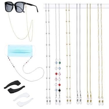 Imagem de Frienda 6 correntes de óculos de sol femininas com contas para óculos de sol, suporte para máscara, cordão, retentor de óculos ao redor do pescoço, Dourado, prateado, 26 inches