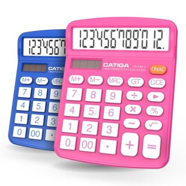 Imagem de CATIGA Calculadora de mesa (pacote com 2) 12 dígitos com visor LCD grande e botão sensível, energia dupla solar e bateria, função padrão para escritório, casa, escola, CD-2786 (azul/rosa)