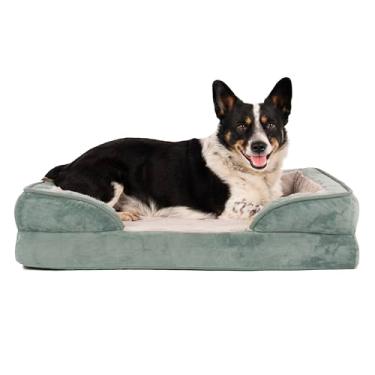 Imagem de Furhaven Cama de gel refrescante para cães médios/pequenos com reforços removíveis e capa lavável, para cães de até 15,8 kg - Sofá confortável perfeito com ondas de pelúcia e veludo - verde celadon, médio