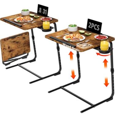 Imagem de Conjunto de 2 bandejas de TV dobráveis para TV ajustáveis para comer no sofá, mesas de madeira, suporte de mesa rústica dobrável com suporte de copo portátil