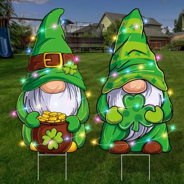 Imagem de Arosche Decorações Extra Grandes Para O Dia De São Patrício, Gnomos Áreas Externas, Placas Quintal, 2 Peças Com Estacas, Luzes Led Fofas, Boas-Vindas Festa, Gramado, Decoração Jardim