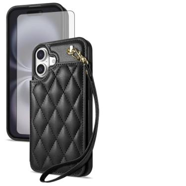 Imagem de Asuwish Capa de celular para iPhone 16 de 6,1 polegadas com protetor de tela de vidro temperado e alça de pulso, compartimento para cartão de crédito, suporte para suporte, acessórios robustos para