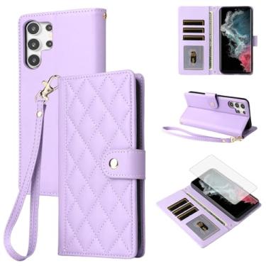 Imagem de Furiet Capa carteira para Samsung Galaxy S24 Ultra 5G com protetor de tela de vidro temperado e alça de pulso destacável, compartimentos para cartão de couro PU de luxo, capa fólio para celular