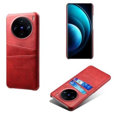 Imagem de Capas Compatível com VIVO X100 PRO,Caso de couro PU-Tampa de telefone a prova de choque com 2 slots de cartão,Proteção anti-impressão digital e anti-gota-Red