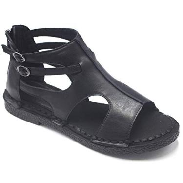 Imagem de Sandálias de couro femininas da ZQ-Collection - Sandálias femininas de couro macias e anabela baixa para uso ao ar livre e confortáveis, 1-black, 8.5-9