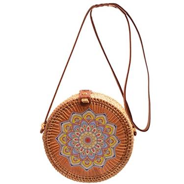 Imagem de SHAREYOIU Bolsas de ombro redondas de vime estampadas à mão estilo praia tropical natural chique com alça de couro, 20, Big，7.87x 3.2 inch