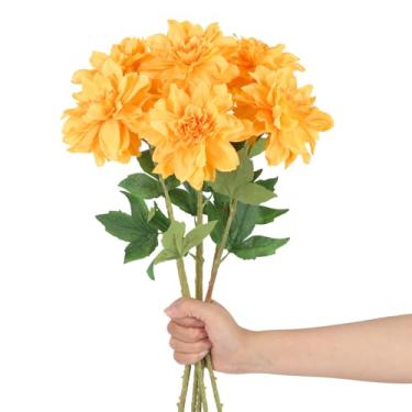 Imagem de INSUNSIX 6 peças de flores artificiais de dálias amarelas 60 cm flores de seda falsa com hastes para festa de casamento, centros de mesa, arranjos de buquês (amarelo)