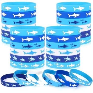 Imagem de VICROIC 30 pulseiras de borracha de tubarão, pulseiras de silicone para chá de bebê, sob o mar, lembrancinhas de festa de aniversário com tema de tubarão