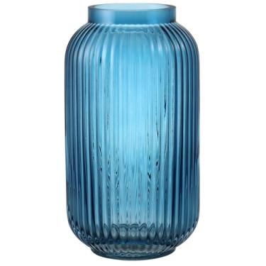 Imagem de MARTAGE Vaso de vidro canelado, vaso de flores azul para buquê, vasos de vidro para flores, vasos modernos para sala de estar, quarto, cozinha, mesa de jantar, escritório, casamento, 20 cm