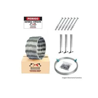 Imagem de Concertina Galvalume 30cm x 10m, Kit com Arame, 3 Hastes, 80 Grampos, Placa de Advertência