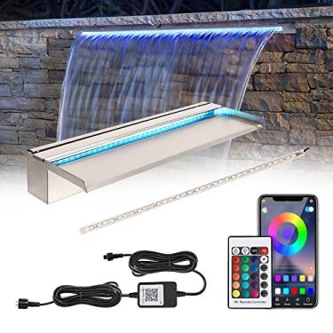 Imagem de Cachoeira de piscina de controle de aplicativo de 61 cm com luzes LED RGB, conjunto de fonte de lago de aço inoxidável para decorações ao ar livre, kit de derramamento de cachoeira de pátio com 16