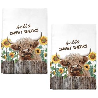 Imagem de Conjunto de 2 toalhas de cozinha de girassol de vaca Highland, girassóis de vaca ocidental, presentes de decoração de cozinha, rústica, gado, fofo, decorativo, absorvente, macio, panos de prato de