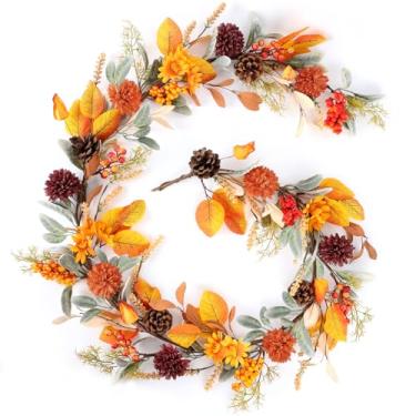 Imagem de Guirlanda de outono de 1,8 m para manto, guirlanda de outono com folhas de orelha de cordeiro, pinha, decoração de colheita de ação de graças para casa, lareira, casa de fazenda, varanda ao ar livre