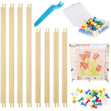 Imagem de 8 peças de barras de estiramento de agulha 2 tamanhos de barras esticadoras para bordado, barras de esticador de lona de madeira, suprimentos de arte com 50 tachinhas para bordado, conjunto de moldura