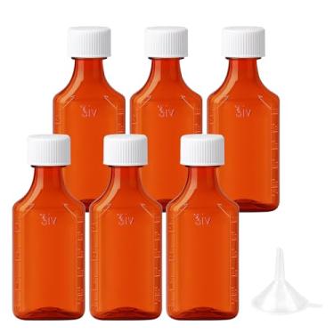 Imagem de Zoeynex Frascos de plástico âmbar resistentes a crianças de 118 ml (pacote com 6) – à prova de vazamento, graduados (onças e ml) – com funil – medicamentos líquidos, armazenamento de suplementos