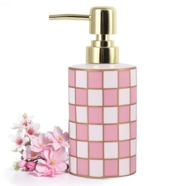 Imagem de Dispensador de sabão de banheiro quadriculado, dispensador de sabão de cerâmica com bomba dourada, garrafa vazia de tabuleiro de xadrez para cozinha, organizador de armazenamento de bancada de banho