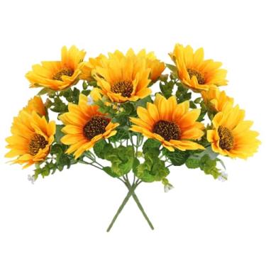 Imagem de Girassóis artificiais, 2 peças, 7 cabeças, girassóis artificiais, flores de plástico realistas de 30 cm de comprimento para decoração de festa de casamento, realista