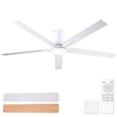Imagem de Sevenine Ventiladores de teto brancos de 152 cm com luzes e controle remoto, ventilador de teto branco de baixo perfil para quarto, sala de estar, pátio/ao ar livre, motor CC reversível silencioso de