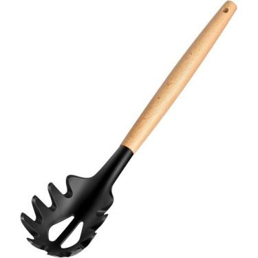 Imagem de Pegador de Macarrão Silicone Cabo Madeira Grande 32cm Preto - udlandia
