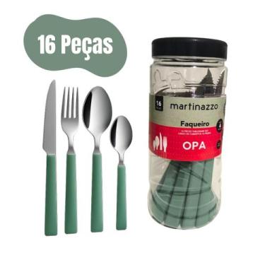 Imagem de Faqueiro 16 Peças Martinazzo OPA Pote Talheres de Aço Inox, Verde