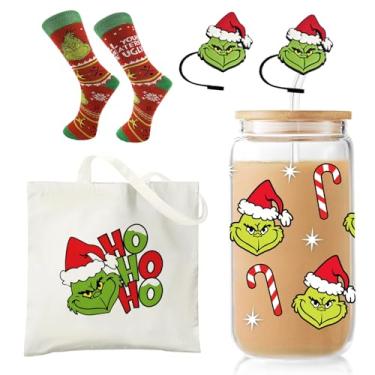 Imagem de XiQiCYun Presentes de Natal para mulheres e homens, copo de café gelado monstro verde engraçado com tampa e canudo, sacola de Natal, meias de férias, capa de palha de desenho animado, material de meia