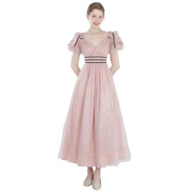 Imagem de CR ROLECOS Vestidos Regency para mulheres, decote em V, cintura império, vestido vitoriano, fantasia vitoriana, vestido de festa de chá rosa, rosa, GG
