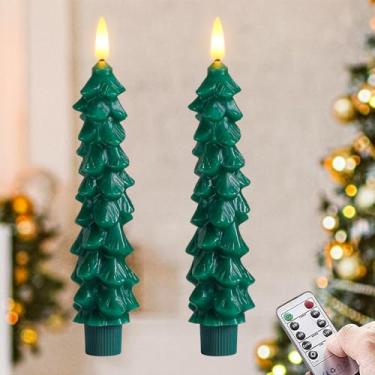 Imagem de Zevanor Green Tree Velas cônicas de cera real sem chamas com temporizador remoto, castiçais de LED cintilantes 3D operados por bateria, 2 cm x 18,5 cm, pacote com 2 para decoração de casa de ano novo