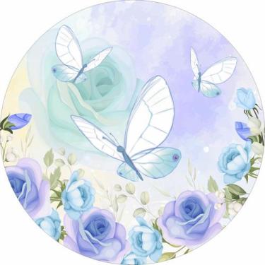 Imagem de Painel de Tecido Sublimado Redondo Borboletas e Flores Aquarela Azul c