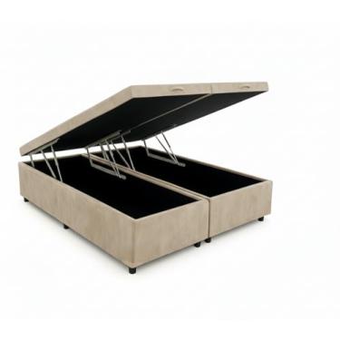 Imagem de Cama Box Baú King Bipartido 96, Blindado, Pistão á Gás, Pés de Madeira (Suede, Bege)