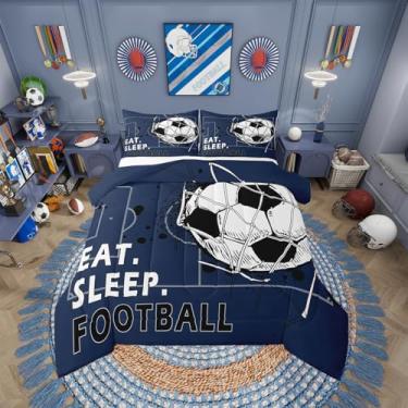 Imagem de Erosebridal Jogo de cama solteiro de futebol americano, jogo de cama de futebol para crianças, adolescentes e adultos, jogo de cama com estampa de bola azul marinho, 1 fronha