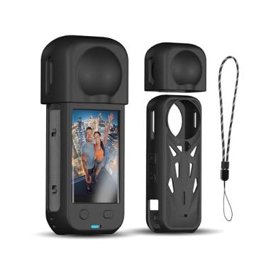Imagem de Capa de silicone para Insta360 X5, capa protetora de lente macia para acessórios Insta 360 X5 com alça de pulso, à prova de choque, ajuste preciso, porta de carregamento acessível (preto)