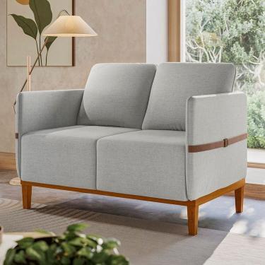 Imagem de Sofá Living 2 Lugares com Pés em Madeira Maciça 129cm Estelí Espresso Móveis Linho Cinza Claro/Sintético Caramelo