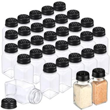 Imagem de Bokon Saleiro de vidro a granel com tampas inoxidáveis, pacote com 48 saleiros pequenos de 76,5 g para cozinha, restaurantes e artigos de festa de casamento (preto, clássico)