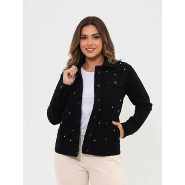 Imagem de Jaqueta Maxxi Oversized Feminina Jeans Preto com Decoração de Spike - 