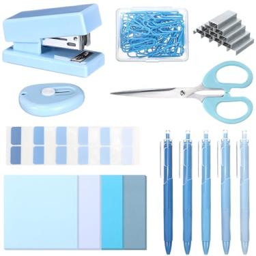 Imagem de Humyoun Mini kit de material de escritório azul material escolar acessórios de mesa com canetas de gel grampeador de notas adesivas 1000 clipes de papel tesoura, abas índices, cortador de caixa para