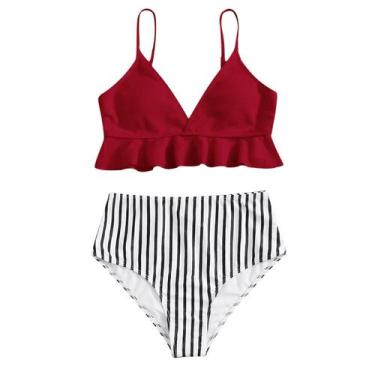 Imagem de Biquíni feminino sexy de cor sólida com cintura alta - HUOGUO