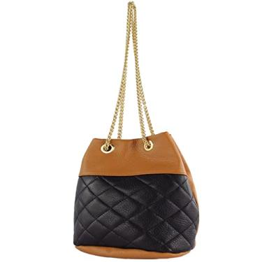 Imagem de modamoda de T245/T246 Bolsa feminina de couro italiano, fecho de corrente dourada, 20 x 14 cm, conhaque/preto/couro, Small