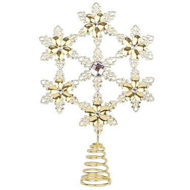 Imagem de Topo de árvore de Natal dourado requintado, enfeite de árvore de floco de neve de 28 cm, decorações de Chrismtas com flores de cristal de poinsétias, decoração de Natal de metal para o inverno