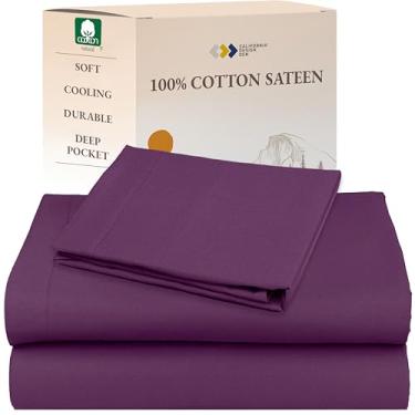 Imagem de California Design Den Jogo de lençol solteiro tamanho GG com bolso profundo - Lençóis 100% algodão natural, cetim macio, elástico, respirável, refrescante e durável para dormitório - Paixão roxa