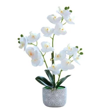 Imagem de Flor de orquídea artificial em decoração de vaso de cimento 45cm - Mar