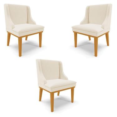 Imagem de Kit 3 Cadeiras Decorativas Sala De Jantar Base Fixa De Madeira Firenze Linho Bege/castanho G19