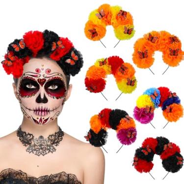Imagem de Hoteam 6 tiaras femininas Dia dos Mortos Coroa de Flor Mexicana de Calêndula com Borboleta para Fantasia Mexicana Dia De Los Muertos