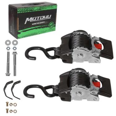 Imagem de MOTO4U Correias de catraca retráteis de aço inoxidável de 5 cm x 2,5 cm, tiras de catraca retráteis, amarração de popa resistente com extensão e conjunto de parafusos para motocicletas, reboques
