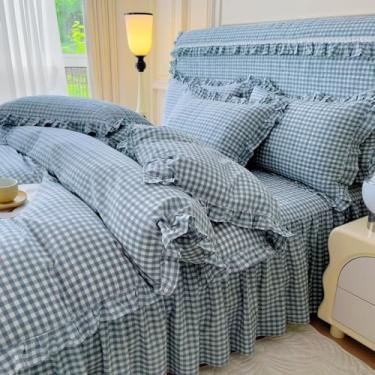 Imagem de Conjunto de edredom solteiro GG azul guingão com 2 fronhas, estampa quadriculada, xadrez, fofo, macio, leve, boêmio, xadrez, solteiro, GG
