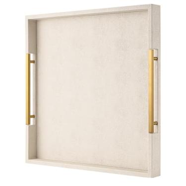 Imagem de Bandeja de servir de couro sintético bege com alças – Bandeja decorativa grande para mesa de centro, otomana, sala de estar, banheiro – decoração de casa