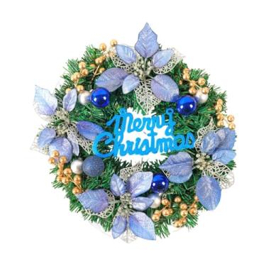 Imagem de KiBcsLic Guirlanda de porta de Natal feliz, folhas verdes, frutas vermelhas, enfeites de bola, guirlanda de flores artificiais de poinsétia para casa, árvore, Blue 40cmx8cm