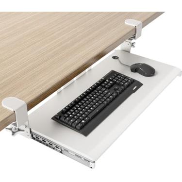 Imagem de AX WABER Bandeja de teclado embaixo da mesa com sistema de montagem de grampo C extra resistente, 27,3 (82,5 cm incluindo braçadeiras) x 28 cm gaveta de computador plataforma deslizante para digitação