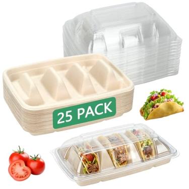 Imagem de MFBJXC 25 peças de suportes descartáveis para tacos com tampas, pratos de taco de papel premium com 3 divisórias, presentes de taco para Natal, forno, lava-louças e churrasqueira, conjunto de servir