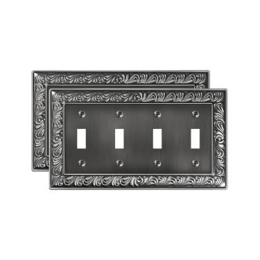 Imagem de TREEWELL Pacote com 2 placas de cobertura para interruptor de luz quádrupla, 4 capas de placa de interruptor de metal, placas decorativas de parede com padrão paisley, resistente à corrosão, prata