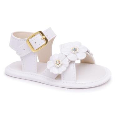 Imagem de Sandália Infantil Bebê Menina, Recém Nascida, Primeiros passos, Branca com Flores de Pérolas, Fivela Dourada, para Batizado e Festas, Calçado Elegante para Bebê (15091-bco-17-18)